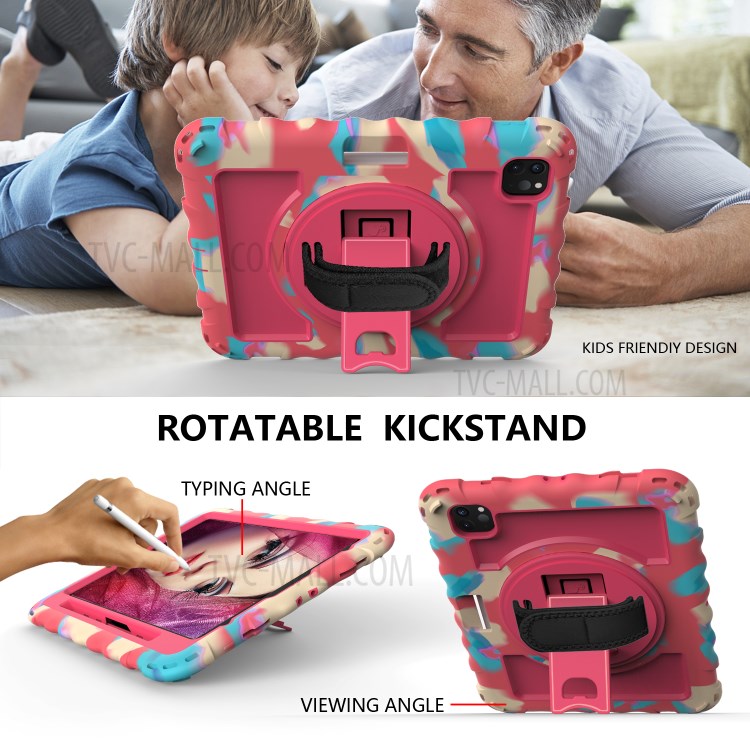 360° Swivel Handy Strap Kickstand PC Silicone Tablet Shell with Shoulder Strap for iPad Pro 11-inch (2020)/(2018) - Camouflage Frame/Red-6