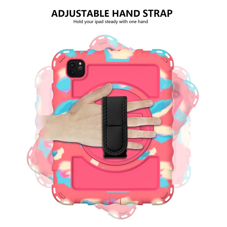 360° Swivel Handy Strap Kickstand PC Silicone Tablet Shell with Shoulder Strap for iPad Pro 11-inch (2020)/(2018) - Camouflage Frame/Red-7