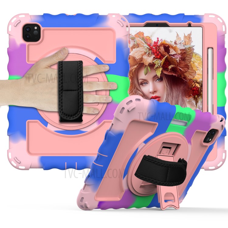 360° Swivel Handy Strap Kickstand PC Silicone Tablet Shell with Shoulder Strap for iPad Pro 11-inch (2020)/(2018) - Camouflage Frame/Pink-1