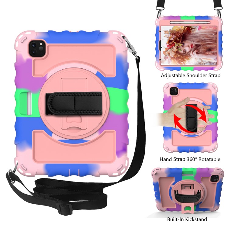 360° Swivel Handy Strap Kickstand PC Silicone Tablet Shell with Shoulder Strap for iPad Pro 11-inch (2020)/(2018) - Camouflage Frame/Pink-2