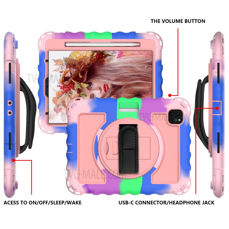 360° Swivel Handy Strap Kickstand PC Silicone Tablet Shell with Shoulder Strap for iPad Pro 11-inch (2020)/(2018) - Camouflage Frame/Pink-3