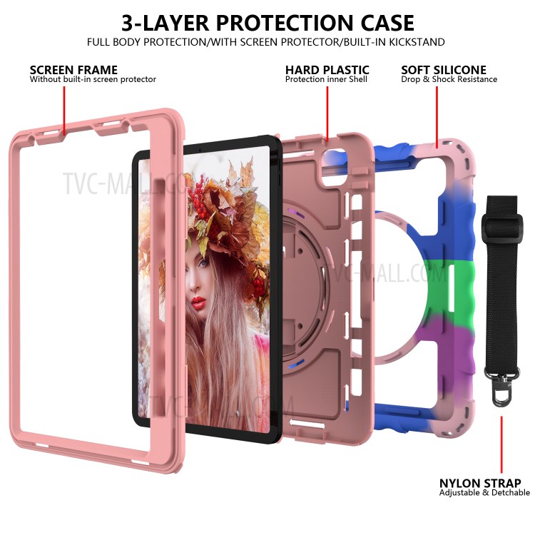 360° Swivel Handy Strap Kickstand PC Silicone Tablet Shell with Shoulder Strap for iPad Pro 11-inch (2020)/(2018) - Camouflage Frame/Pink-4