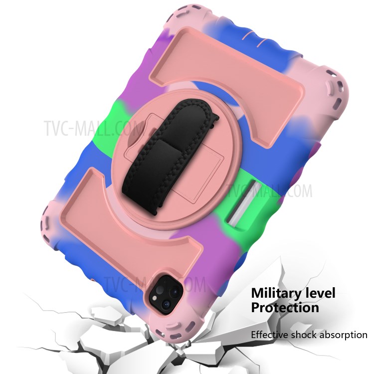 360° Swivel Handy Strap Kickstand PC Silicone Tablet Shell with Shoulder Strap for iPad Pro 11-inch (2020)/(2018) - Camouflage Frame/Pink-5