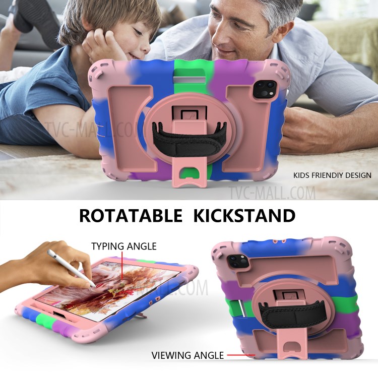 360° Swivel Handy Strap Kickstand PC Silicone Tablet Shell with Shoulder Strap for iPad Pro 11-inch (2020)/(2018) - Camouflage Frame/Pink-6