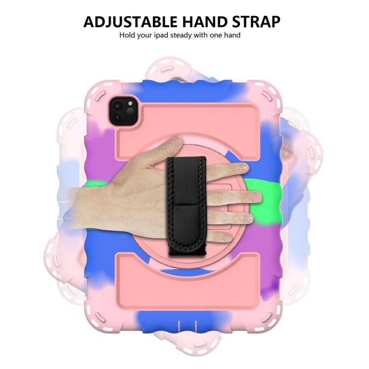 360° Swivel Handy Strap Kickstand PC Silicone Tablet Shell with Shoulder Strap for iPad Pro 11-inch (2020)/(2018) - Camouflage Frame/Pink-7