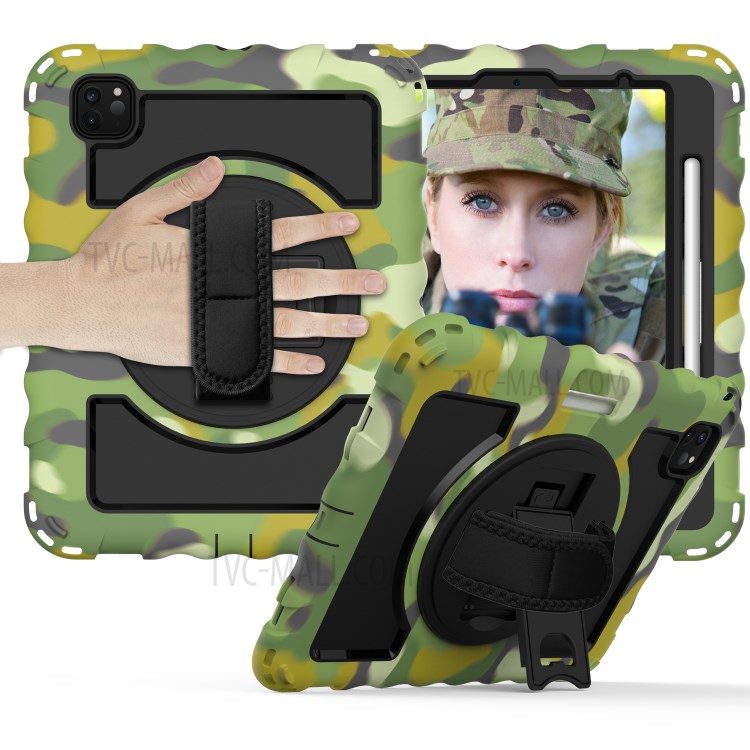 360° Swivel Handy Strap Kickstand PC Silicone Tablet Shell with Shoulder Strap for iPad Pro 11-inch (2020)/(2018) - Camouflage/Black-1