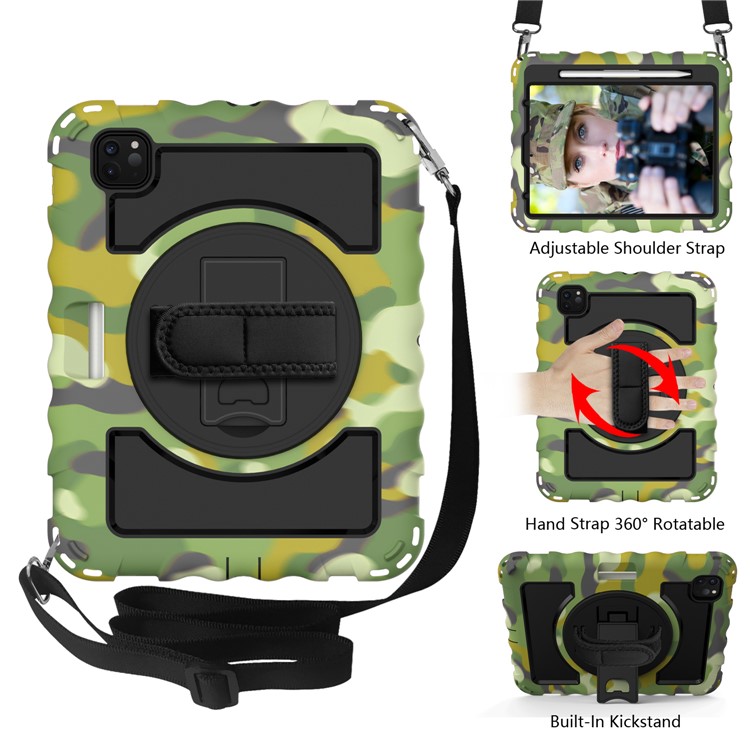 360° Swivel Handy Strap Kickstand PC Silicone Tablet Shell with Shoulder Strap for iPad Pro 11-inch (2020)/(2018) - Camouflage/Black-2