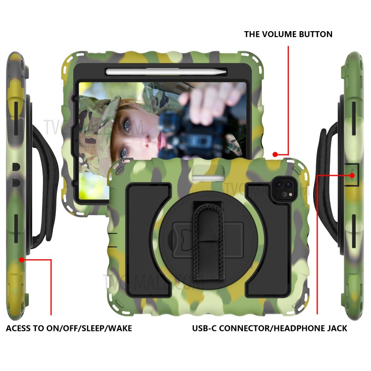 360° Swivel Handy Strap Kickstand PC Silicone Tablet Shell with Shoulder Strap for iPad Pro 11-inch (2020)/(2018) - Camouflage/Black-3