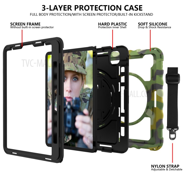 360° Swivel Handy Strap Kickstand PC Silicone Tablet Shell with Shoulder Strap for iPad Pro 11-inch (2020)/(2018) - Camouflage/Black-4