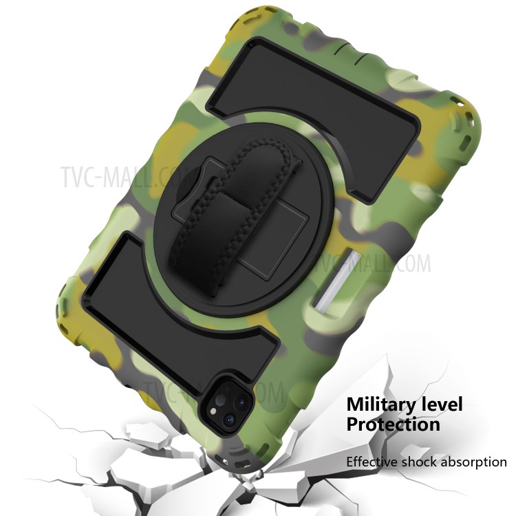 360° Swivel Handy Strap Kickstand PC Silicone Tablet Shell with Shoulder Strap for iPad Pro 11-inch (2020)/(2018) - Camouflage/Black-5