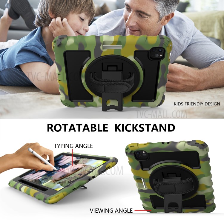 360° Swivel Handy Strap Kickstand PC Silicone Tablet Shell with Shoulder Strap for iPad Pro 11-inch (2020)/(2018) - Camouflage/Black-6