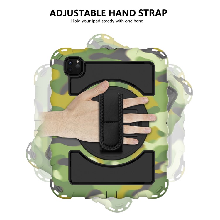 360° Swivel Handy Strap Kickstand PC Silicone Tablet Shell with Shoulder Strap for iPad Pro 11-inch (2020)/(2018) - Camouflage/Black-7