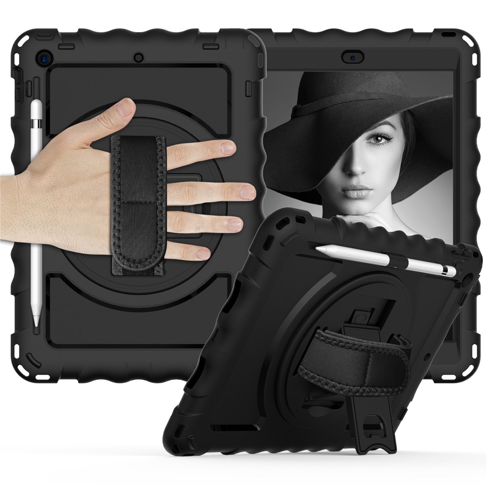 PC + TPU Hybrid Case with 360 Degree Swivel Kickstand Hand Strap and Shoulder Strap for iPad 10.2 (2019) - Black-1