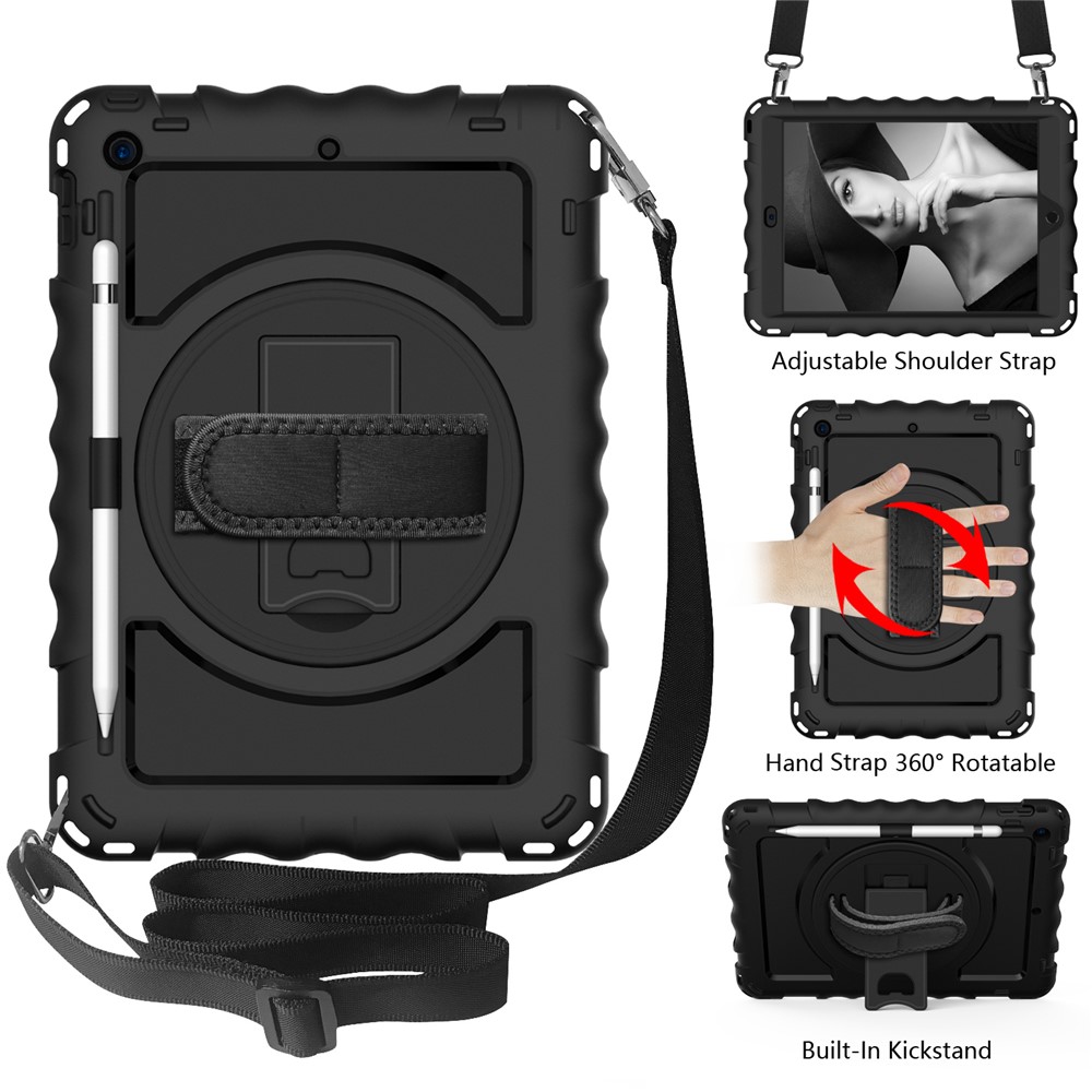 PC + TPU Hybrid Case with 360 Degree Swivel Kickstand Hand Strap and Shoulder Strap for iPad 10.2 (2019) - Black-2