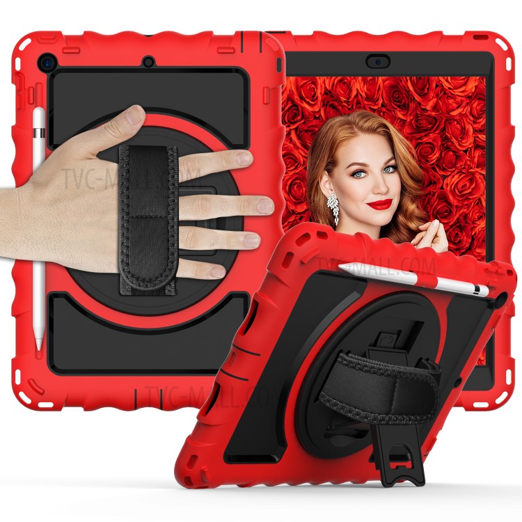 PC + TPU Hybrid Case with 360 Degree Swivel Kickstand Hand Strap and Shoulder Strap for iPad 10.2 (2019) - Red-1