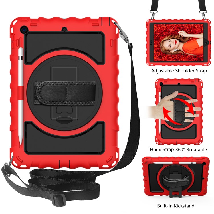PC + TPU Hybrid Case with 360 Degree Swivel Kickstand Hand Strap and Shoulder Strap for iPad 10.2 (2019) - Red-2