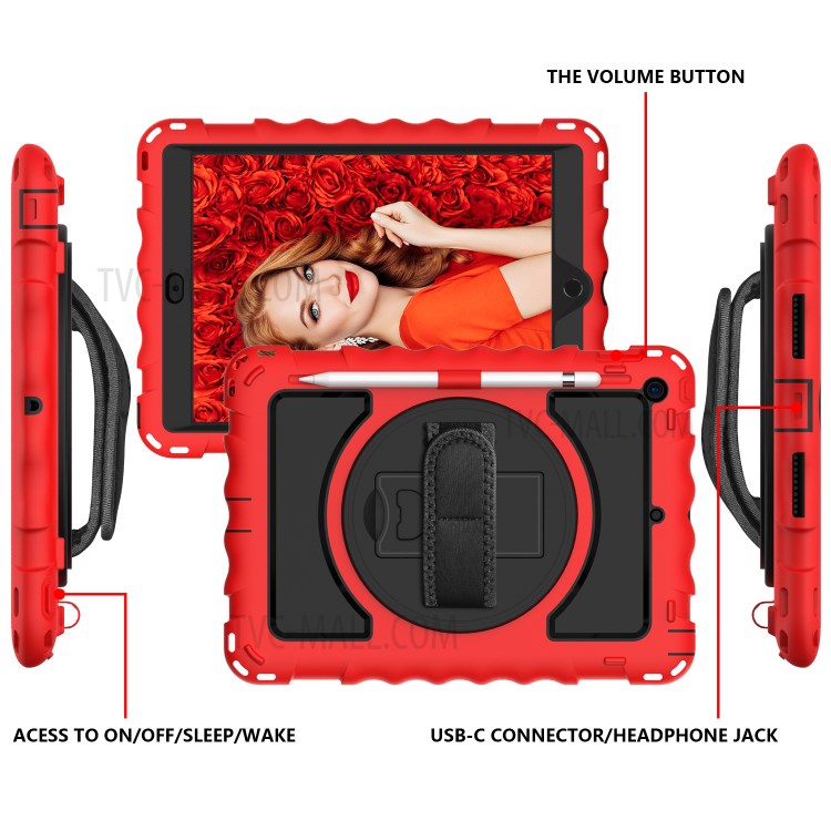 PC + TPU Hybrid Case with 360 Degree Swivel Kickstand Hand Strap and Shoulder Strap for iPad 10.2 (2019) - Red-3