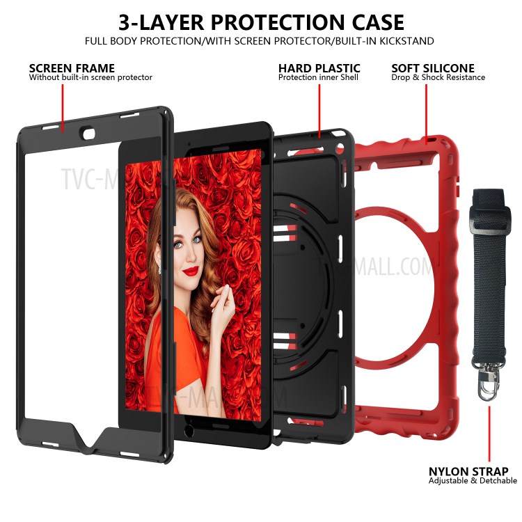 PC + TPU Hybrid Case with 360 Degree Swivel Kickstand Hand Strap and Shoulder Strap for iPad 10.2 (2019) - Red-4