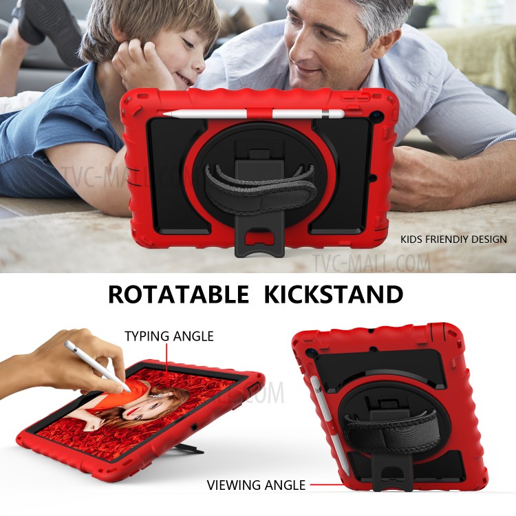PC + TPU Hybrid Case with 360 Degree Swivel Kickstand Hand Strap and Shoulder Strap for iPad 10.2 (2019) - Red-6