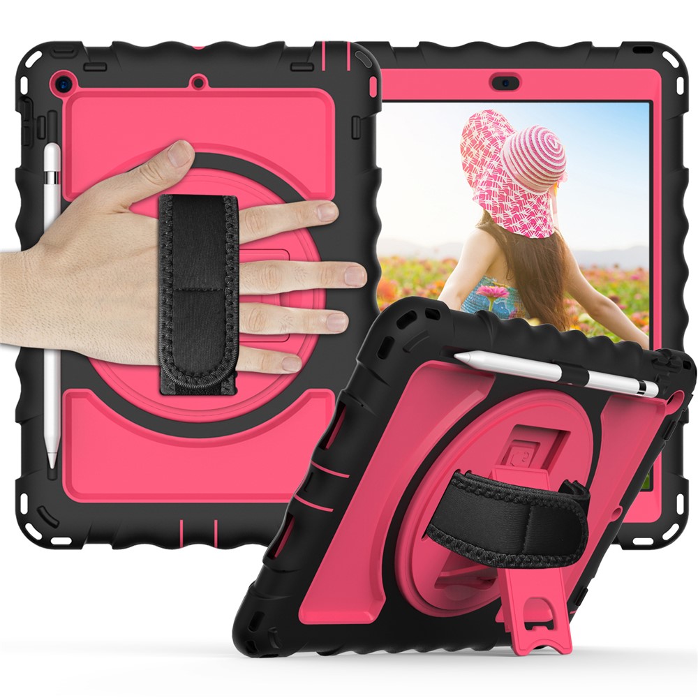 PC + TPU Hybrid Case with 360 Degree Swivel Kickstand Hand Strap and Shoulder Strap for iPad 10.2 (2019) - Black / Rose-1