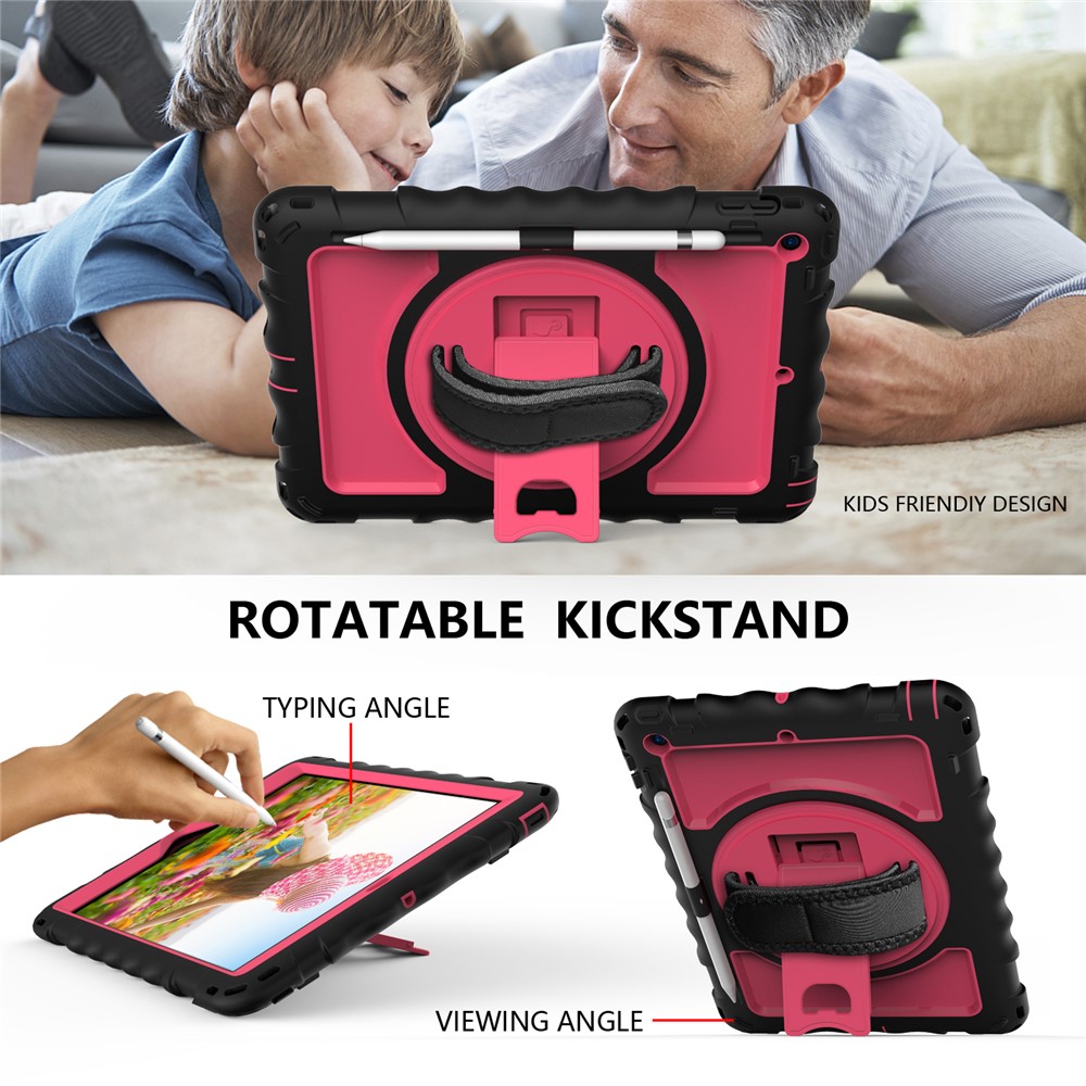 PC + TPU Hybrid Case with 360 Degree Swivel Kickstand Hand Strap and Shoulder Strap for iPad 10.2 (2019) - Black / Rose-6