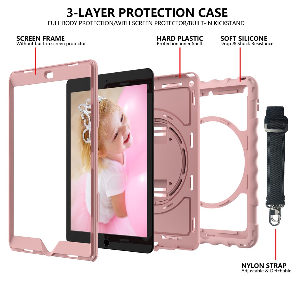 PC + TPU Hybrid Case with 360 Degree Swivel Kickstand Hand Strap and Shoulder Strap for iPad 10.2 (2019) - Rose Gold-4