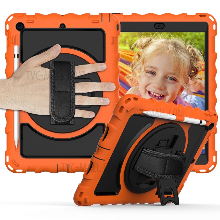 PC + TPU Hybrid Case with 360 Degree Swivel Kickstand Hand Strap and Shoulder Strap for iPad 10.2 (2019) - Orange-1