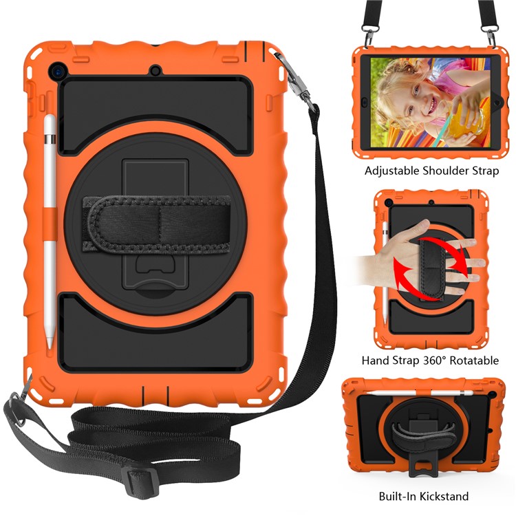 PC + TPU Hybrid Case with 360 Degree Swivel Kickstand Hand Strap and Shoulder Strap for iPad 10.2 (2019) - Orange-2