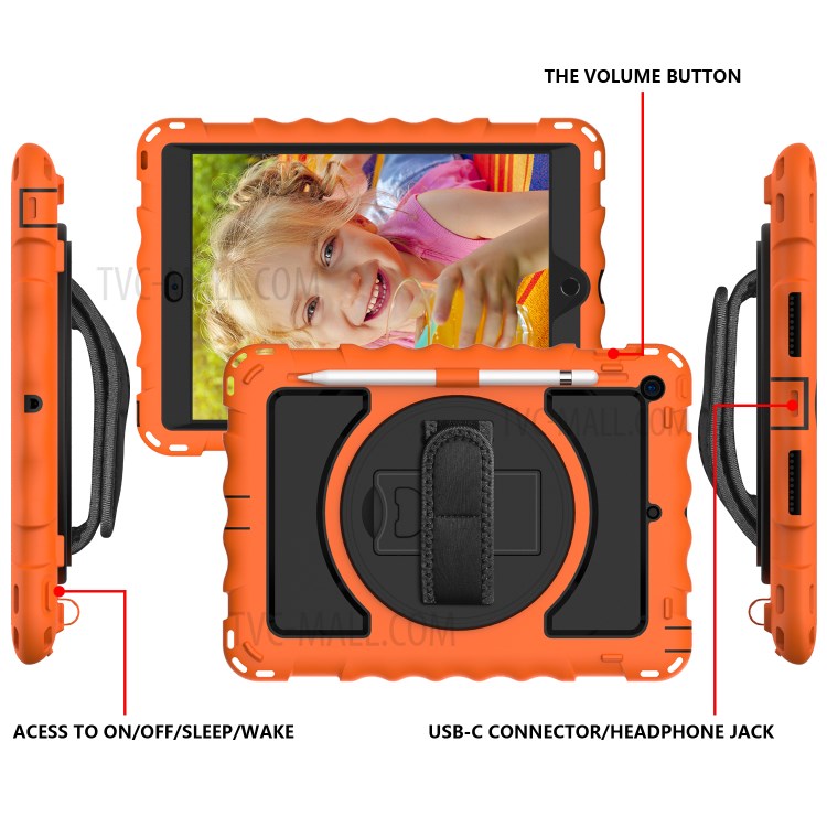 PC + TPU Hybrid Case with 360 Degree Swivel Kickstand Hand Strap and Shoulder Strap for iPad 10.2 (2019) - Orange-3