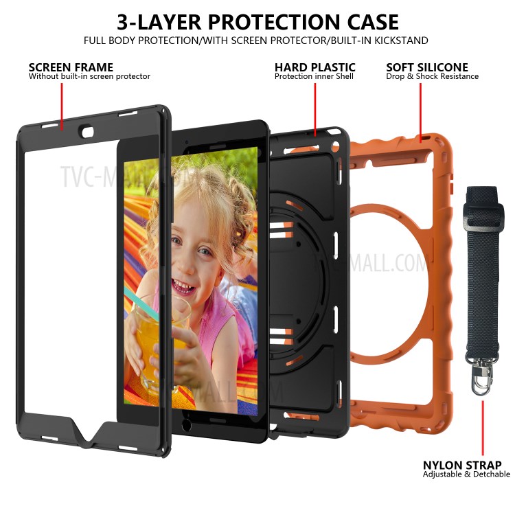 PC + TPU Hybrid Case with 360 Degree Swivel Kickstand Hand Strap and Shoulder Strap for iPad 10.2 (2019) - Orange-4