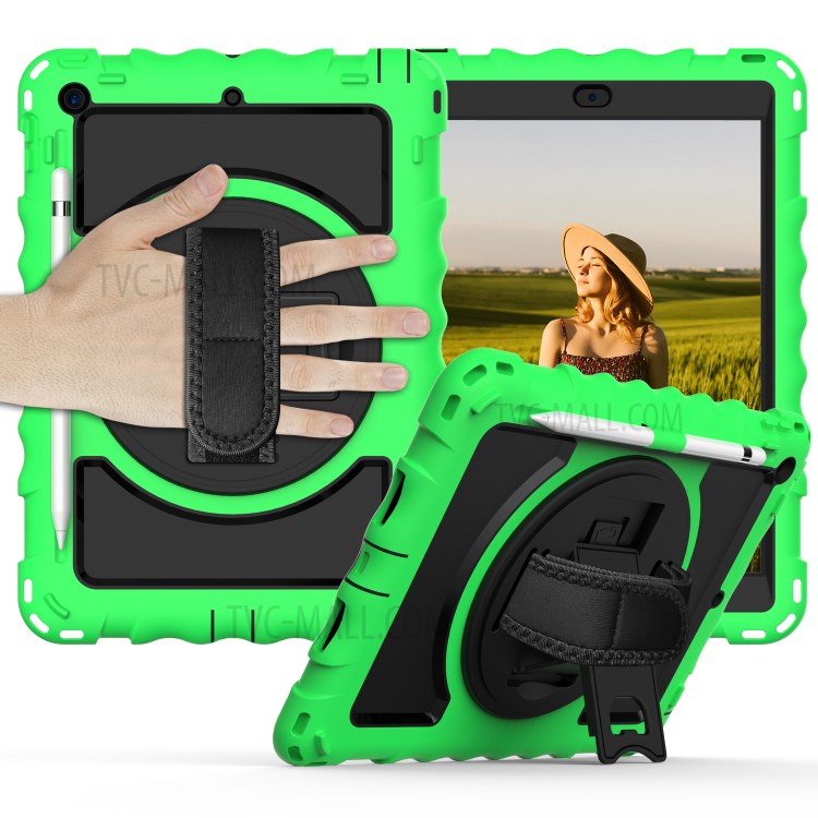 PC + TPU Hybrid Case with 360 Degree Swivel Kickstand Hand Strap and Shoulder Strap for iPad 10.2 (2019) - Green-1