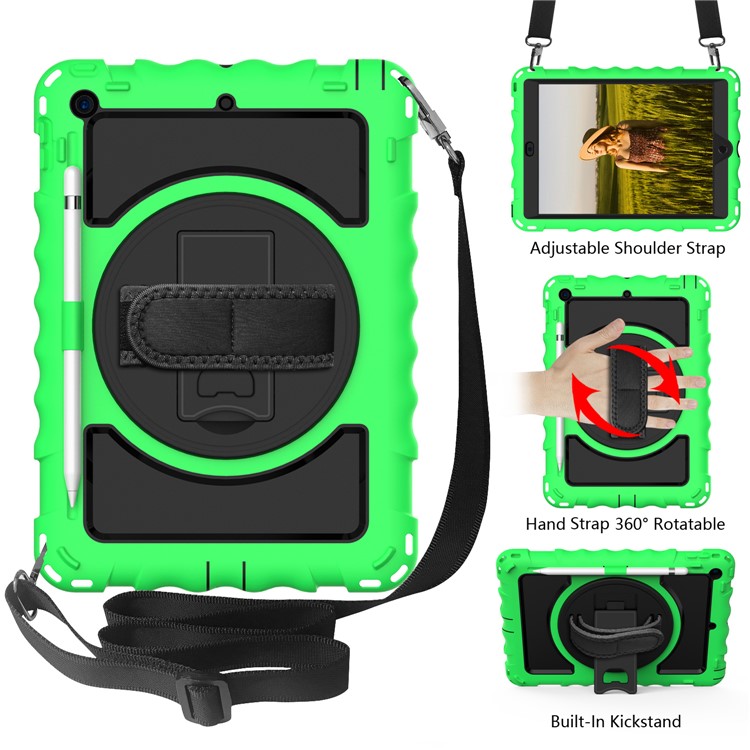 PC + TPU Hybrid Case with 360 Degree Swivel Kickstand Hand Strap and Shoulder Strap for iPad 10.2 (2019) - Green-2