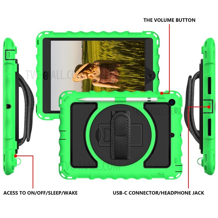 PC + TPU Hybrid Case with 360 Degree Swivel Kickstand Hand Strap and Shoulder Strap for iPad 10.2 (2019) - Green-3