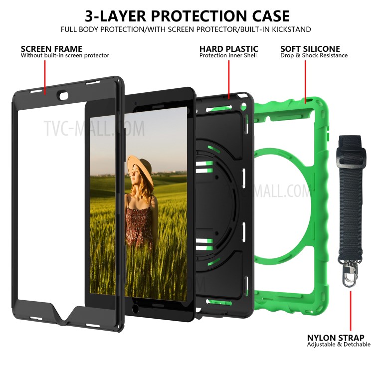 PC + TPU Hybrid Case with 360 Degree Swivel Kickstand Hand Strap and Shoulder Strap for iPad 10.2 (2019) - Green-4