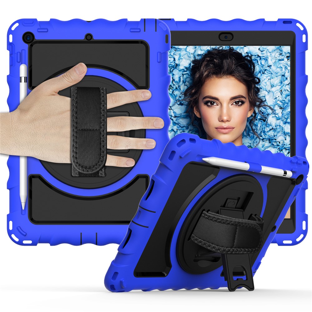 PC + TPU Hybrid Case with 360 Degree Swivel Kickstand Hand Strap and Shoulder Strap for iPad 10.2 (2019) - Blue-1