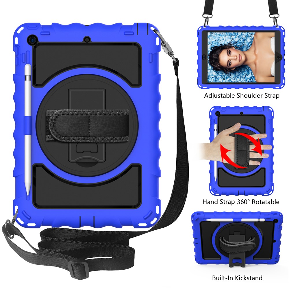 PC + TPU Hybrid Case with 360 Degree Swivel Kickstand Hand Strap and Shoulder Strap for iPad 10.2 (2019) - Blue-2