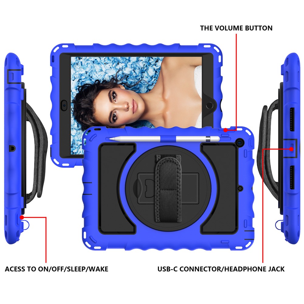PC + TPU Hybrid Case with 360 Degree Swivel Kickstand Hand Strap and Shoulder Strap for iPad 10.2 (2019) - Blue-3