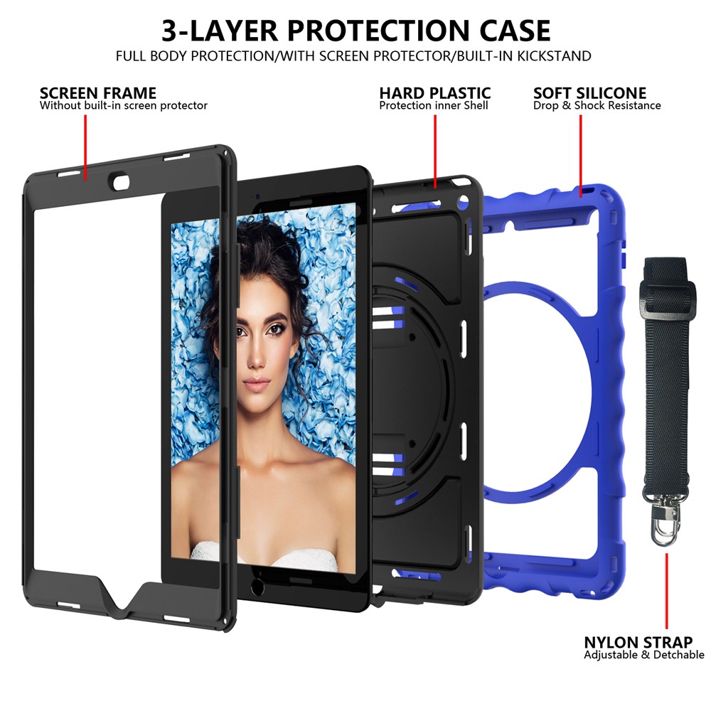 PC + TPU Hybrid Case with 360 Degree Swivel Kickstand Hand Strap and Shoulder Strap for iPad 10.2 (2019) - Blue-4