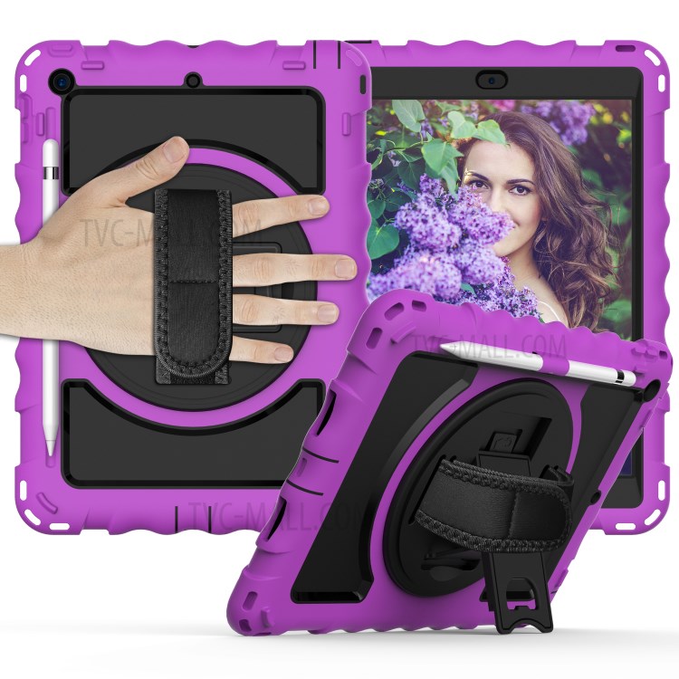 PC + TPU Hybrid Case with 360 Degree Swivel Kickstand Hand Strap and Shoulder Strap for iPad 10.2 (2019) - Purple-1