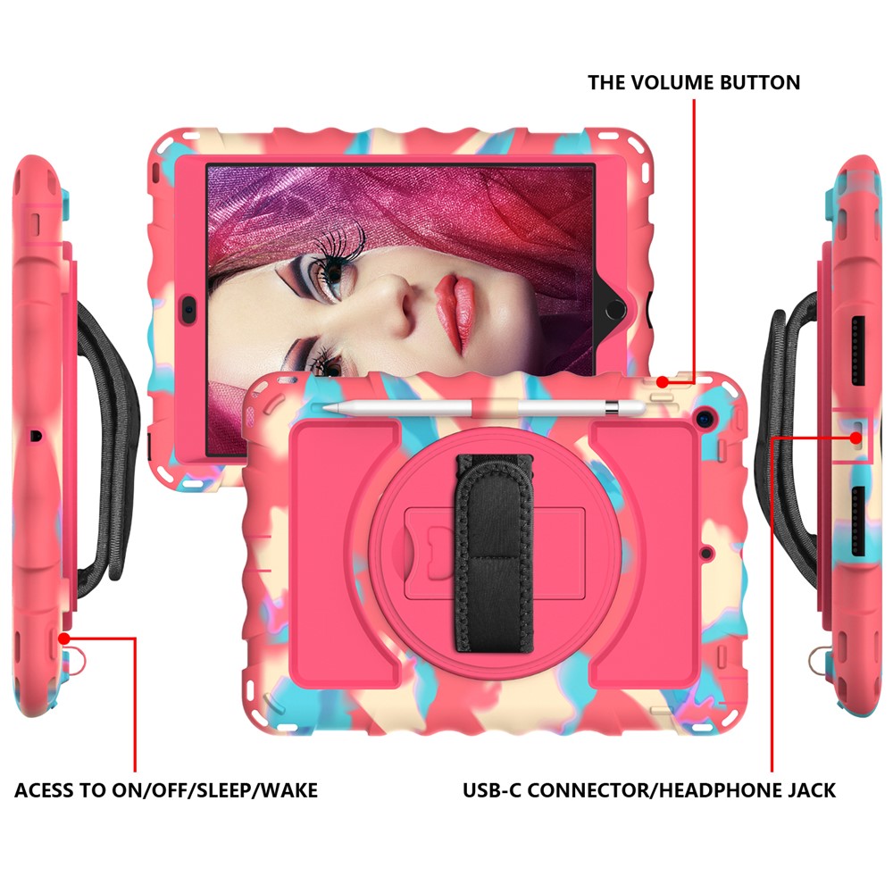 PC + TPU Hybrid Case with 360 Degree Swivel Kickstand Hand Strap and Shoulder Strap for iPad 10.2 (2019) - Rainbow Rose-3
