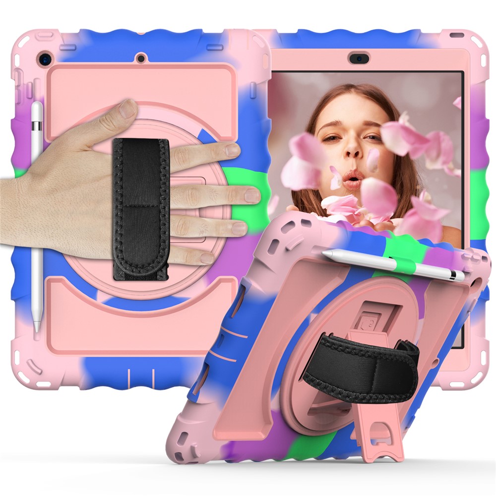 PC + TPU Hybrid Case with 360 Degree Swivel Kickstand Hand Strap and Shoulder Strap for iPad 10.2 (2019) - Rainbow Rose Gold-1
