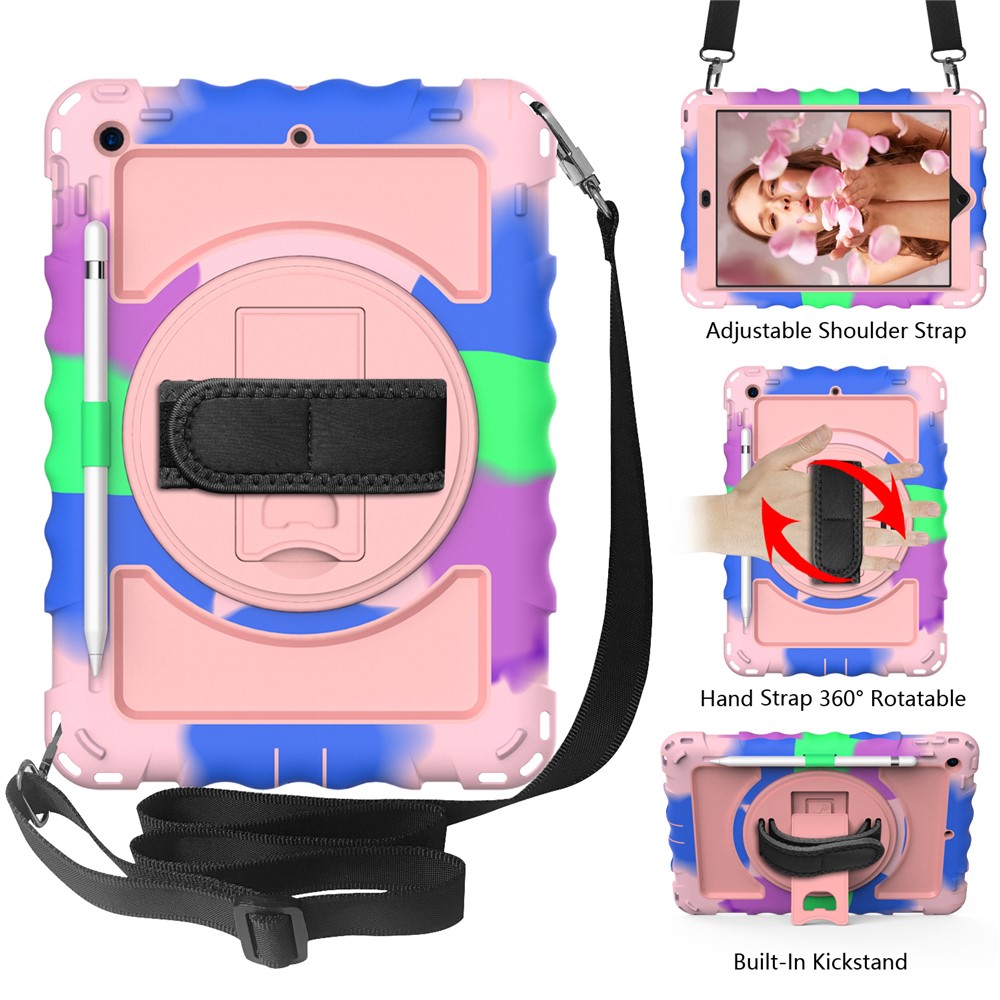 PC + TPU Hybrid Case with 360 Degree Swivel Kickstand Hand Strap and Shoulder Strap for iPad 10.2 (2019) - Rainbow Rose Gold-2