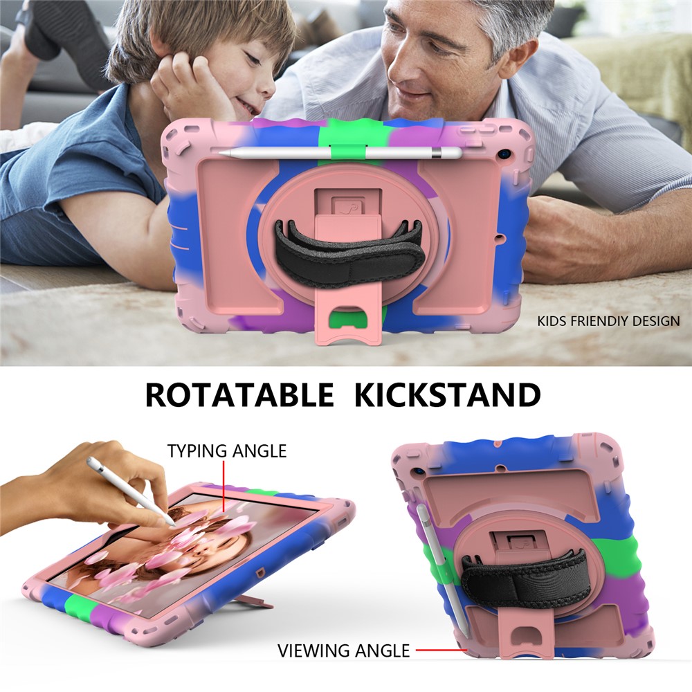 PC + TPU Hybrid Case with 360 Degree Swivel Kickstand Hand Strap and Shoulder Strap for iPad 10.2 (2019) - Rainbow Rose Gold-6