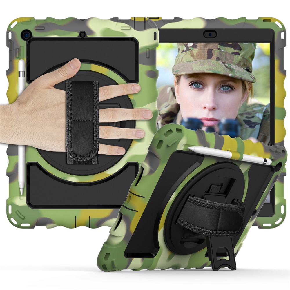 PC + TPU Hybrid Case with 360 Degree Swivel Kickstand Hand Strap and Shoulder Strap for iPad 10.2 (2019) - Camouflage-1