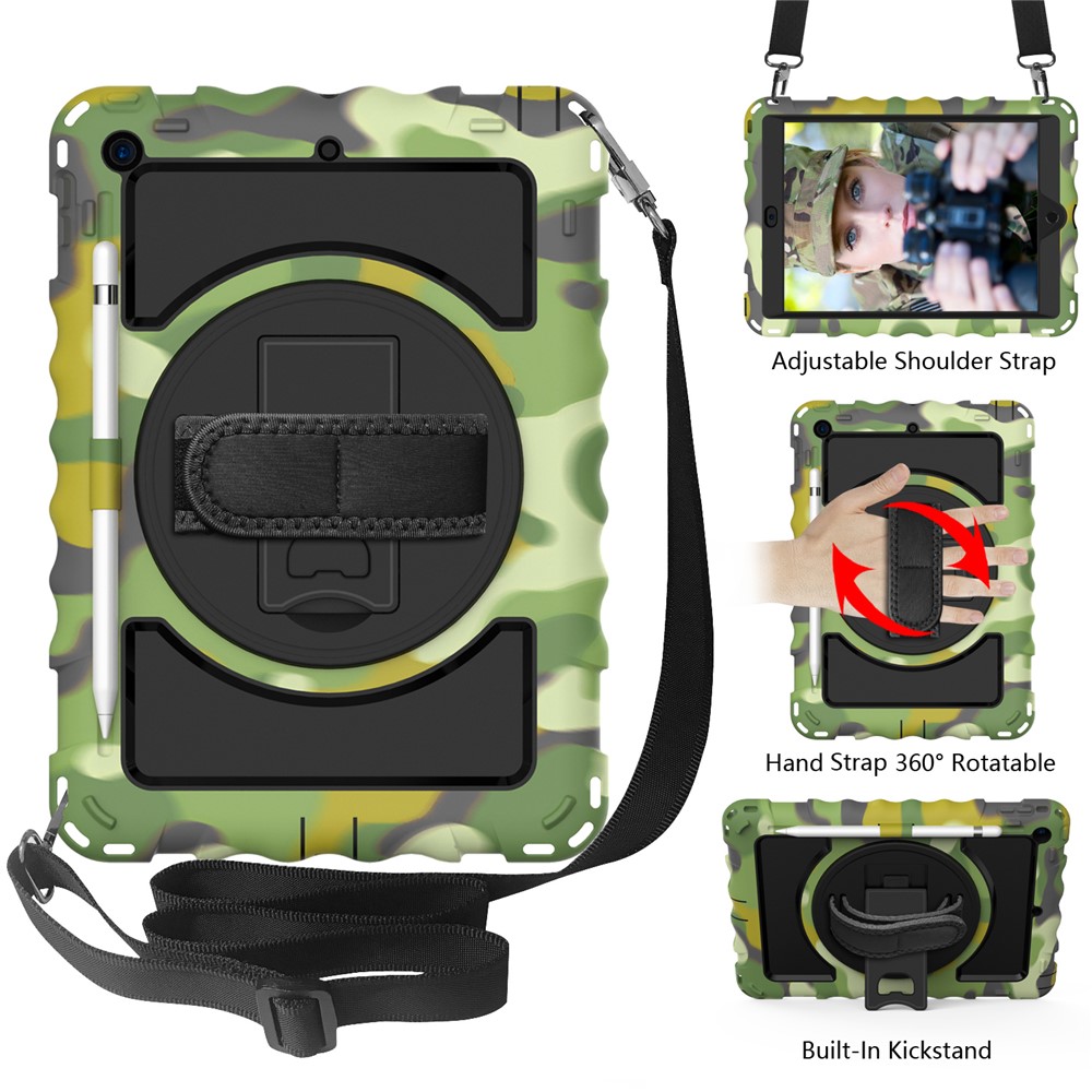 PC + TPU Hybrid Case with 360 Degree Swivel Kickstand Hand Strap and Shoulder Strap for iPad 10.2 (2019) - Camouflage-2