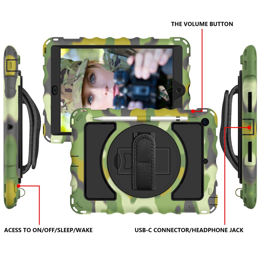 PC + TPU Hybrid Case with 360 Degree Swivel Kickstand Hand Strap and Shoulder Strap for iPad 10.2 (2019) - Camouflage-3