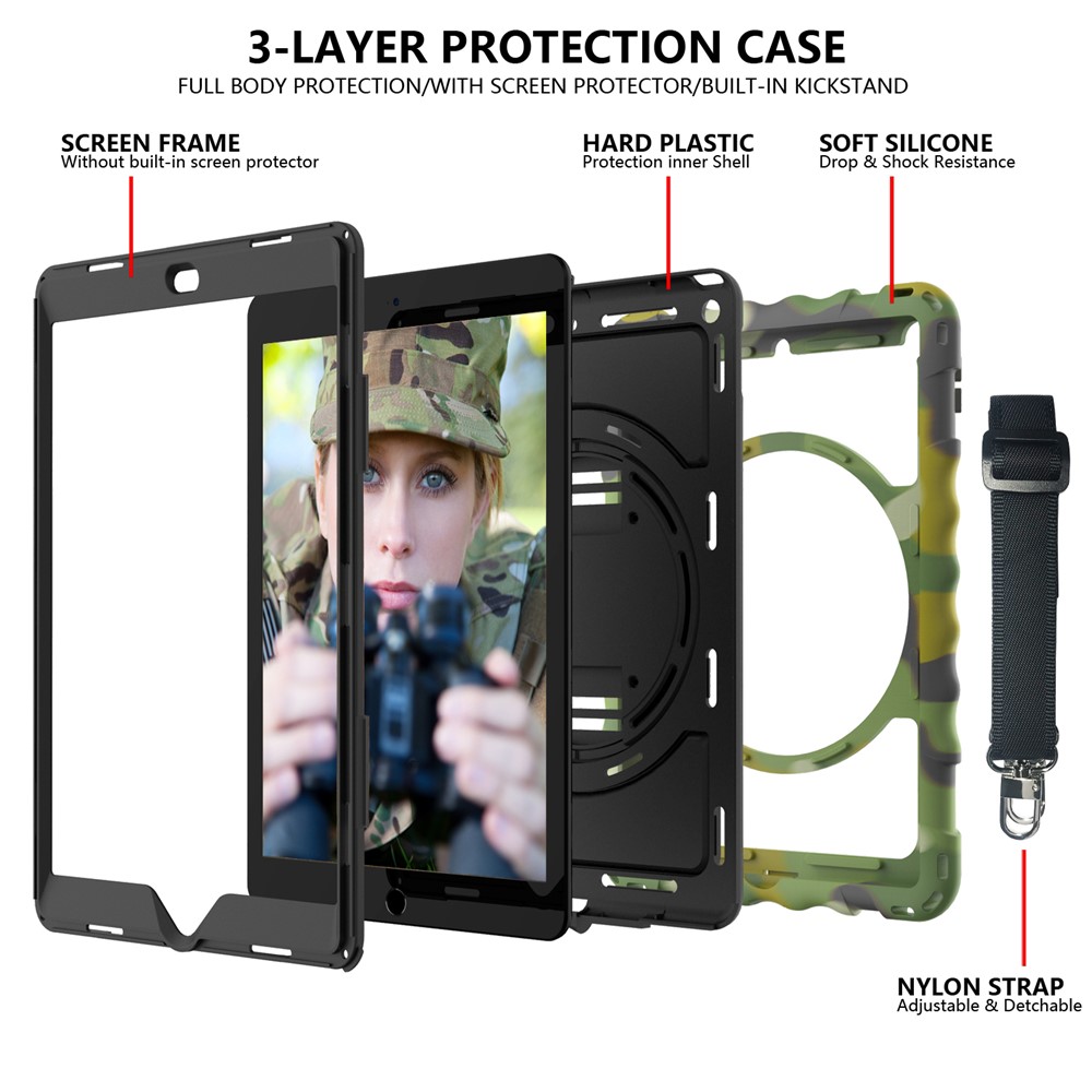 PC + TPU Hybrid Case with 360 Degree Swivel Kickstand Hand Strap and Shoulder Strap for iPad 10.2 (2019) - Camouflage-4