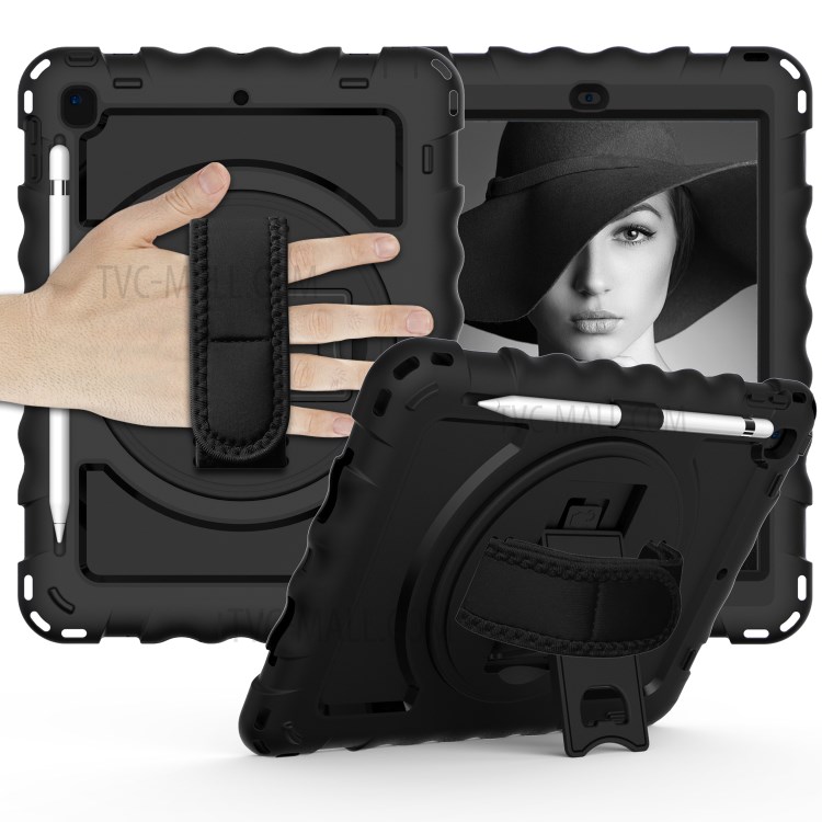 360° Swivel Handy Strap Kickstand PC Silicone Tablet Case with Shoulder Strap for iPad 9.7-inch (2018)/(2017) - All Black-1