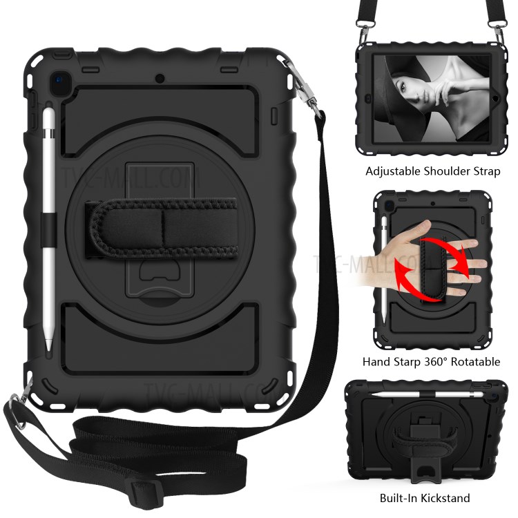 360° Swivel Handy Strap Kickstand PC Silicone Tablet Case with Shoulder Strap for iPad 9.7-inch (2018)/(2017) - All Black-2