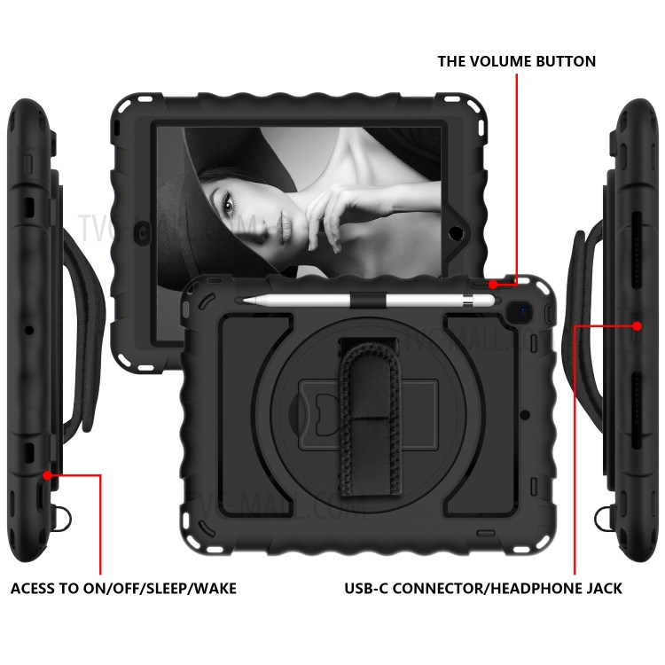 360° Swivel Handy Strap Kickstand PC Silicone Tablet Case with Shoulder Strap for iPad 9.7-inch (2018)/(2017) - All Black-3